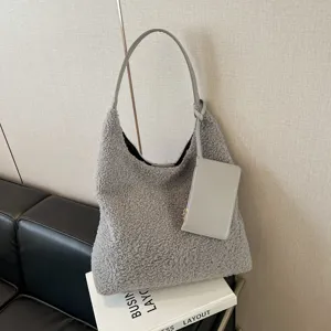 Women's Vintage Plush Shoulder Bag Large Capacity Faux Shearling Tote Bag Casual Commuter Fluffy Handbag With Pouch