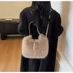 Fluffy plush shoulder bag for women, stylish winter faux fur crossbody hobo bag.
