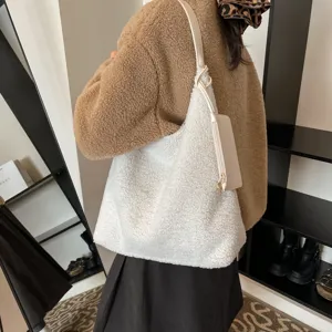 White fluffy sherpa shoulder bag for women winter large capacity fuzzy tote bag casual handbag