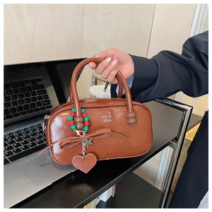 Vintage Bowling Tasche Damen Retro Handtasche Elegant PU Leder Umhängetasche Lässige Tasche