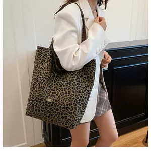 Leopard print canvas tote bag large capacity casual shoulder bag for women autumn style