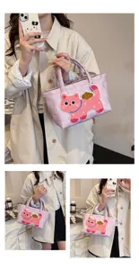 Handgemachte gewebte Handtasche für Damen, süßer rosa Katzenaufnäher, Sommer Strandtasche.