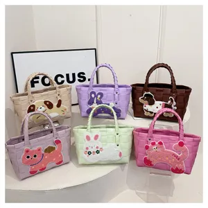 Damen gewebte Korbtasche Sommer Strand süße Cartoon Plüsch Tier Handtasche Shopper