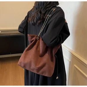 Brown slouchy suede tote shoulder bag with chain strap and drawstring for women casual commute
