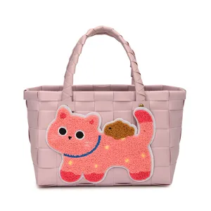 Rosa gewebte Handtasche mit süßer Katzen Applikation Sommer Strand Urlaub Shopper Tasche
