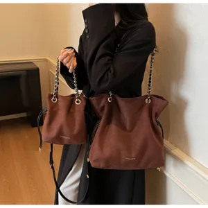 Brown suede chain bucket bag casual stylish crossbody tote bag for women daily commute