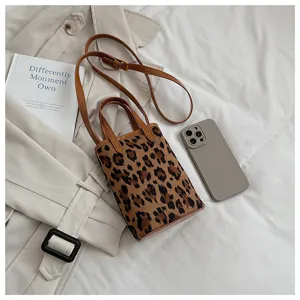 Borsa a tracolla telefono in camoscio maculato leopardato, mini borsa chic donna.
