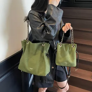 Women's PU Leather Shoulder Bag Casual Chain Tote Bag Fashion Bucket Bag Urban Minimalist Commuter Handbag Daily Matching Bag