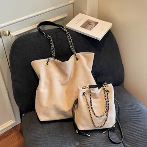 Stylish casual suede tote bag with chain strap and matching chic small handbag for women.