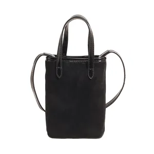 Borsa a tracolla nera per telefono, elegante borsa a mano in camoscio con manici superiori.