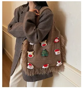 Christmas knit tote bag with cute patches, large capacity commuter shoulder bag for women.