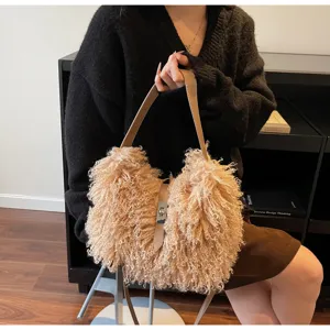 Chic fluffy shoulder bag for women, cozy faux fur underarm handbag with stylish metallic lock.