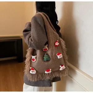 Knit Christmas tote bag, large capacity casual shoulder bag with cute holiday patches and fringe.