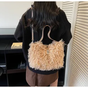 Women curly plush shoulder bag winter cozy fluffy crossbody handbag stylish daily tote bag