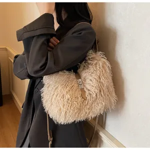 Plush fluffy shoulder bag for women autumn winter stylish casual crossbody handbag beige