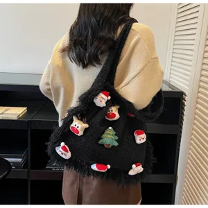 Christmas knitted tote bag with cute plush Santa and reindeer decorations for daily wear.