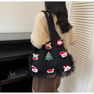 Christmas knit tote bag detail, plush Santa and reindeer patches, spacious daily shoulder bag.