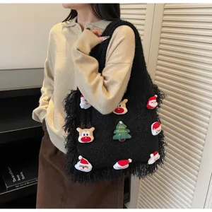 Christmas black knitted tote bag with cute plush Santa and reindeer patches for daily commute.