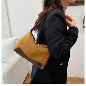 Braune Wildleder-Achseltasche im Vintage-Patchwork-Stil, elegante Handtasche für Damen.