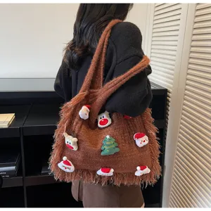Christmas knitted tote bag large capacity casual brown shoulder bag with cute plush decor