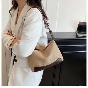 Wildleder Achseltasche Details, retro Patchwork Handtasche für Damen, elegante Alltagstasche.