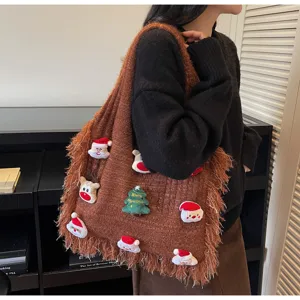Christmas knitted tote bag featuring cute plush Santa patches, casual daily shoulder bag.