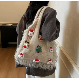 Christmas knit tote bag with cute plush Santa and reindeer decorations, large capacity shoulder bag