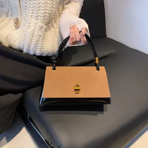 Women Fashion Retro Suede Splicing Small Square Bag Luxury Designer Top Handle Crossbody Handbag With Metal Lock