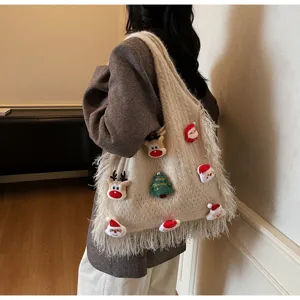 Christmas knitted tote bag with cute plush decor, casual large capacity shoulder bag for women.