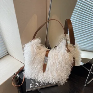 Women Fashion Plush Shoulder Bag Fluffy Faux Fur Crossbody Bag Cute Winter Tote Bag Handbag With Metal Lock