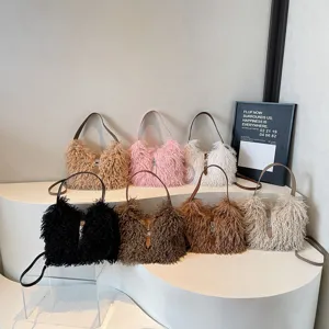 Stylish plush fuzzy shoulder bag for women, cozy winter crossbody underarm handbag.