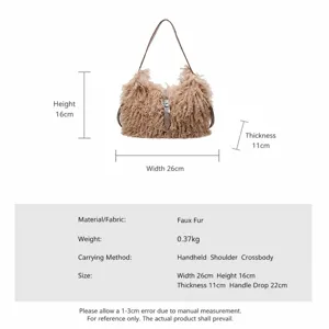 Chic furry shoulder bag for women, plush winter crossbody bag with top handle and lock.
