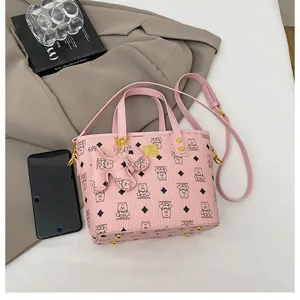 Pink cute bear print bucket bag stylish shoulder messenger handbag for women daily casual use.