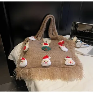 Christmas knitted tote bag with cute plush Santa patches, large capacity shoulder bag for women.