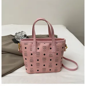 Pink bucket bag for women stylish shoulder crossbody bag cute bear monogram pattern daily purse