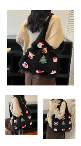 Christmas knit tote bag, casual large capacity shoulder bag with cute plush patches for daily commute.