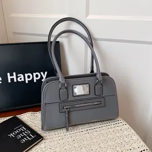 Elegante graue Umhängetasche für Damen, Retro Pendler Tasche mit Doppelgriffen und Reißverschluss.