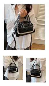 Detail shot of black fashion women crossbody bag with lace trim and plaid bow, stylish accessory.