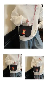 Cute Japanese cartoon embroidered nylon crossbody bag with braided strap for daily use.