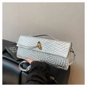 Silberne geflochtene Lederdetailaufnahme zeigt Textur, Metallverschluss und Griff des eleganten Sacks.