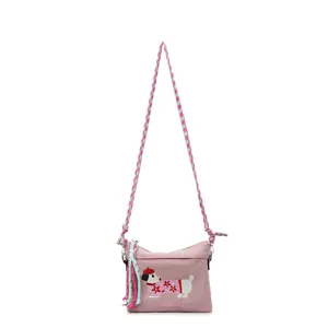 Rosa Mini Canvas Umhängetasche mit süßem gesticktem Hundemuster und geflochtenem Gurt.