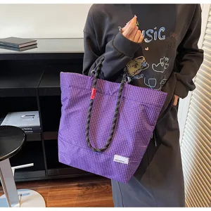 Purple plaid tote bag with rope handles, large capacity casual shoulder bag for daily use.