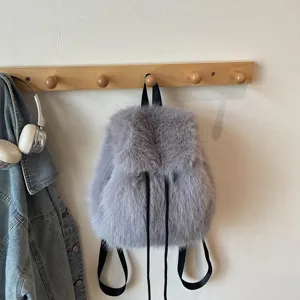 Grey faux fur fluffy backpack for women, trendy soft autumn winter daily casual daypack.