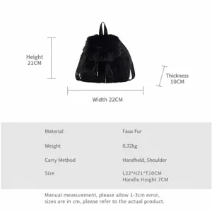 Black plush backpack size chart with detailed dimensions and specifications for women casual use.