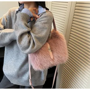 Plush shoulder bucket bag for women, cozy faux fur crossbody bag, 2025 autumn winter fashion.