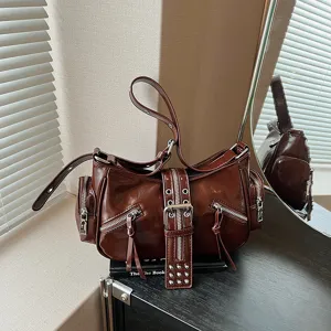 Women Fashion PU Leather Shoulder Crossbody Bag Vintage Motorcycle Underarm Bag Chic Commuting Handbag