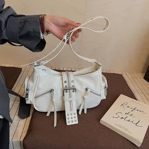 White faux leather motorcycle shoulder bag with multi-pocket design, stylish Y2K crossbody.
