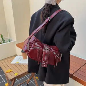 Womens dark red faux leather motorcycle shoulder bag chic vintage underarm bag with zippers