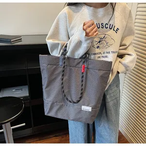 Stylish large capacity plaid tote bag with durable rope handles for daily wear today.