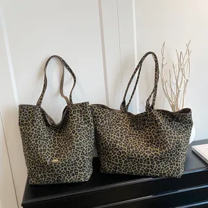 Women's Leopard Print Canvas Tote Bag Casual Large Capacity Double-Sided Shoulder Bag Fashion Commuter Handbag